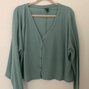 Blue-green button down sweater cropped